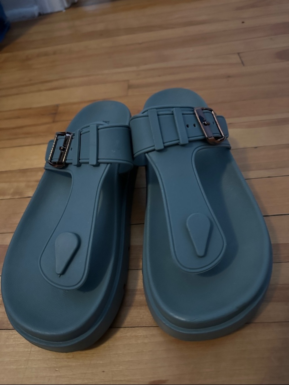 Kenichan Teal Green Slide Sandals with Buckle